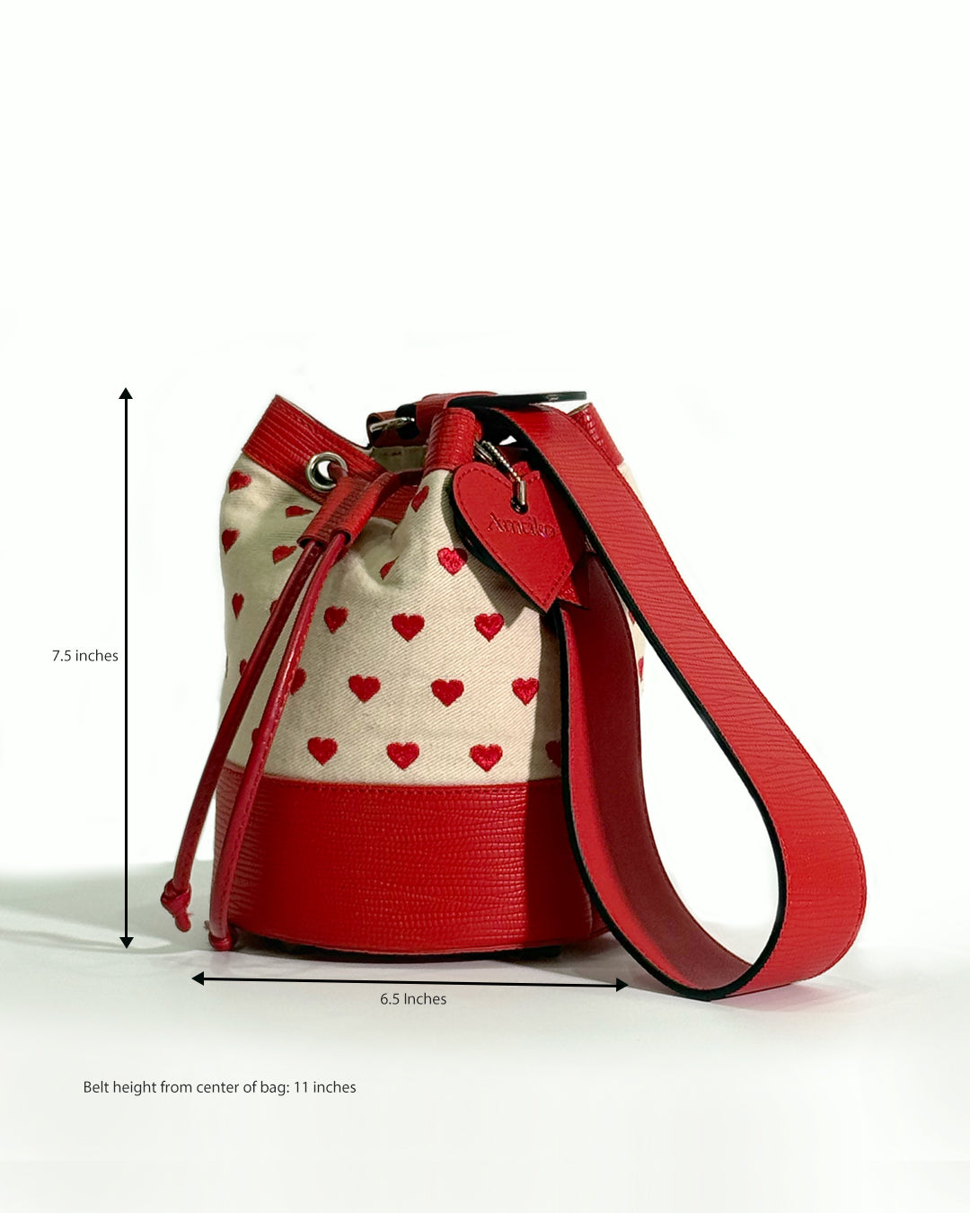 Rohi bucket bag dimensions – 7.5" height, 6.5" width, 11" strap drop | Ameiko